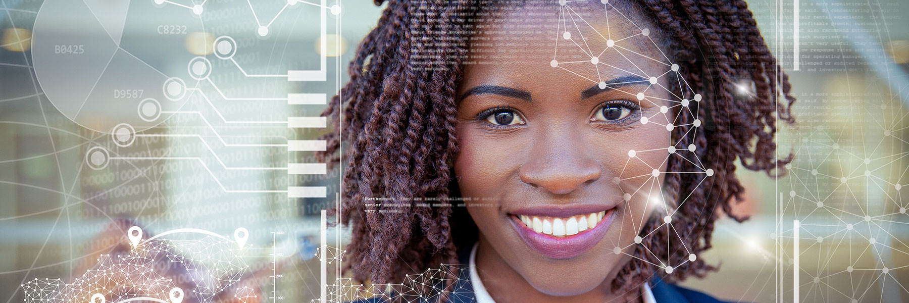 Woman drawing on glass board and virtual identification graphics