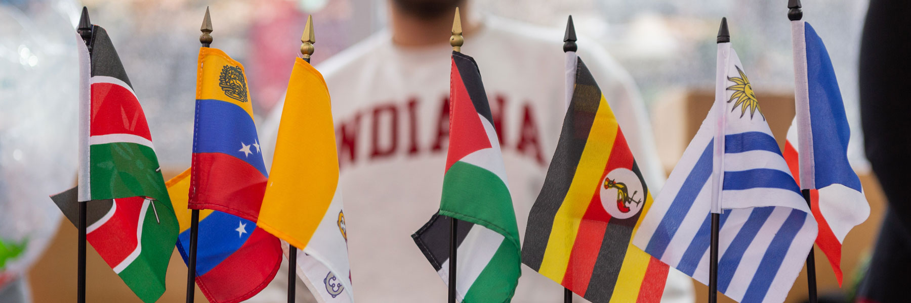 several international flags in front of student wearing indiana shirt