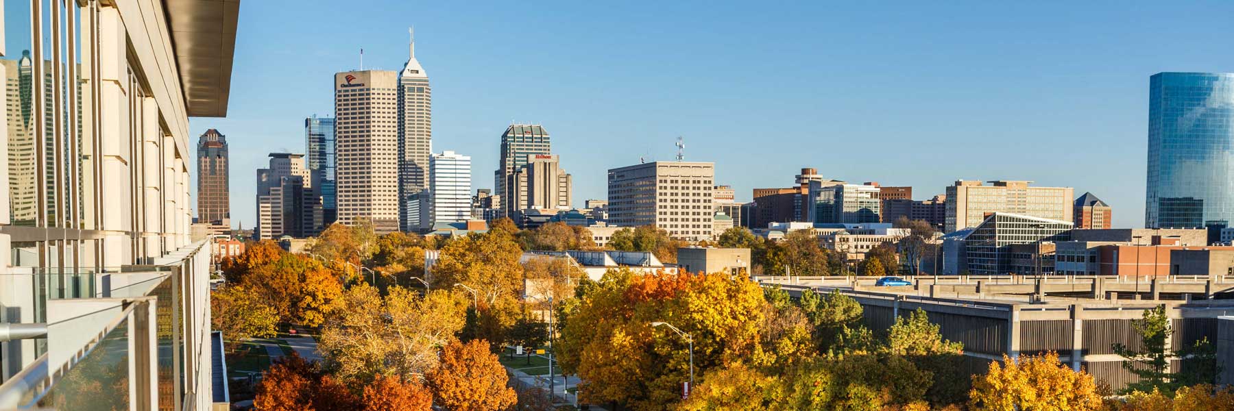 photo of downtown indianapolis in fall with yellow and orange leaves on the trees