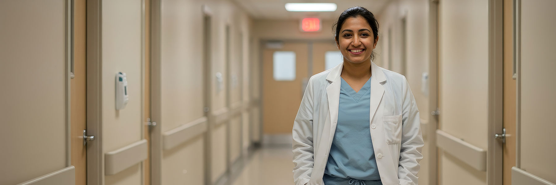 smiling female doctor in a white coat walks down a hospital hallway