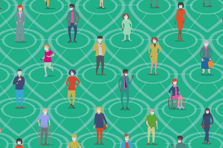 animation of different types of people wearing masks while social distancing