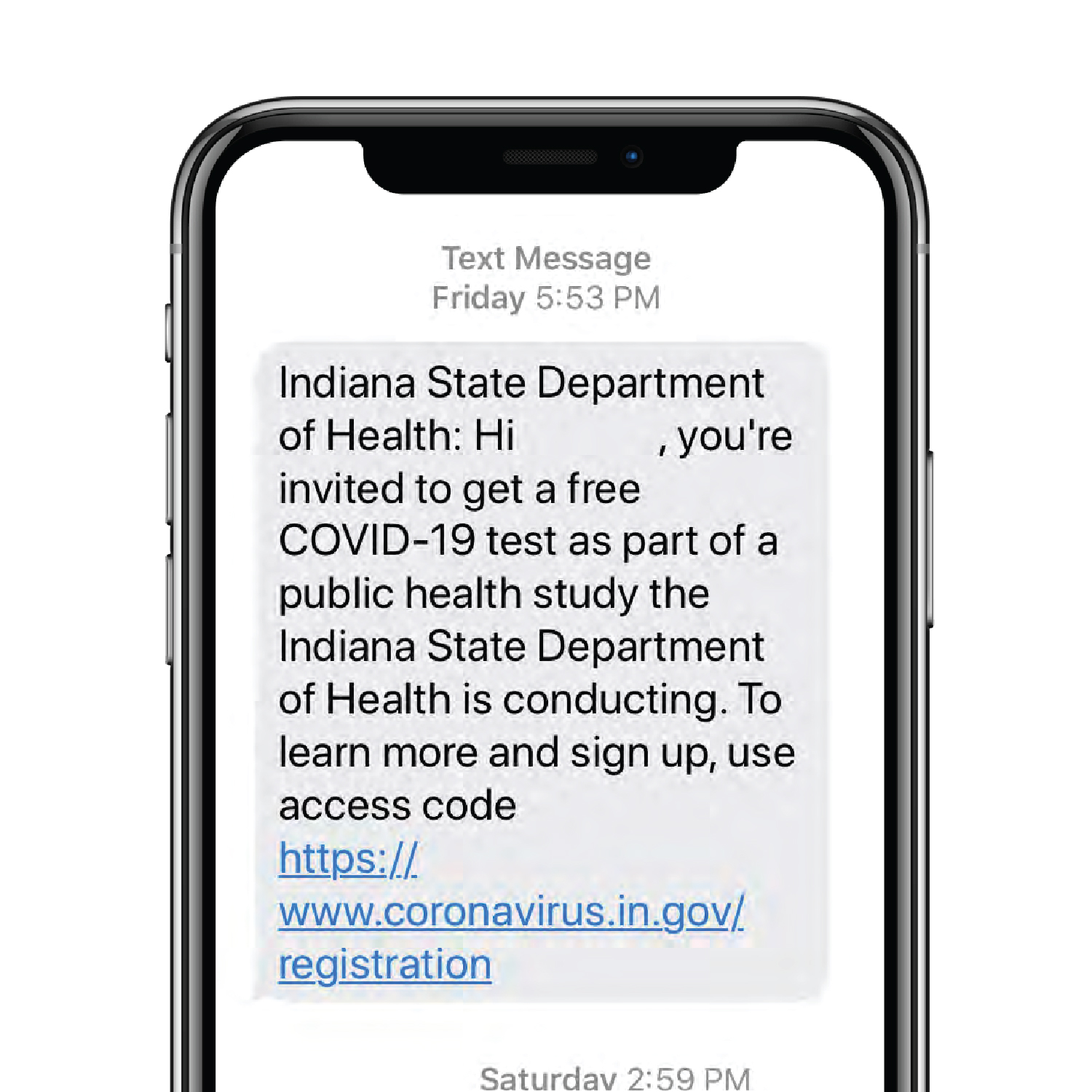screenshot of text message from indiana department of health inviting recipients to receive free covid-19 test