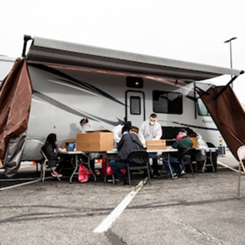 covid-19 testing station in a parking lot