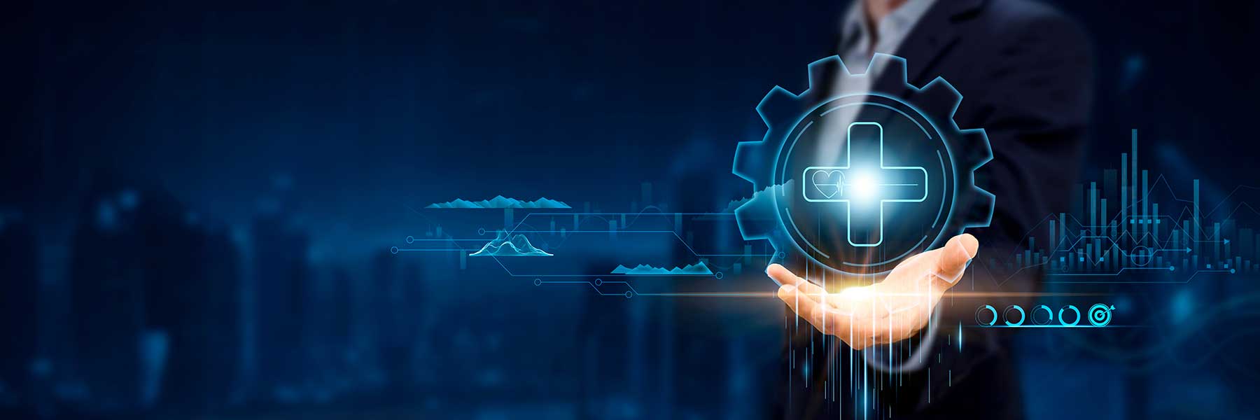 Businessman Holding Icon with Medical Innovations, Patient Care on Analysis Chart and Networking